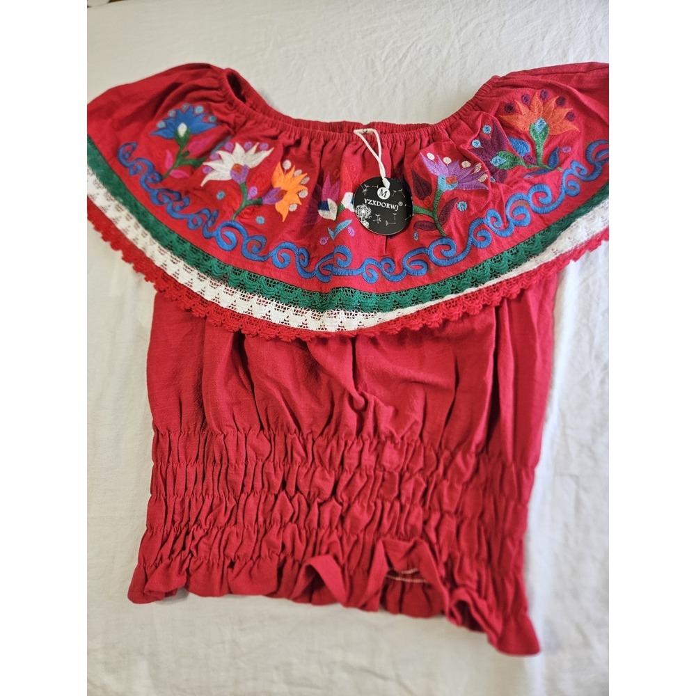 YZXDORWJ Mexican Embroidered Off-Shoulder Top Red Ne With Tags Size Medium